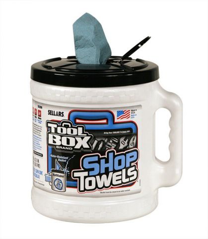 bucket of blue shop towels