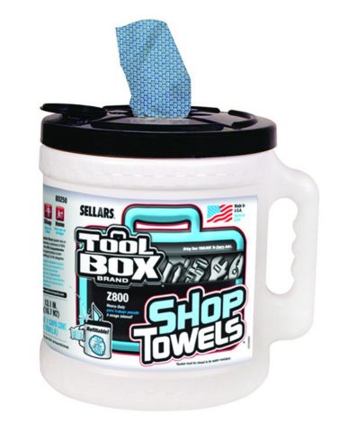 Shop towels in dispenser bucket