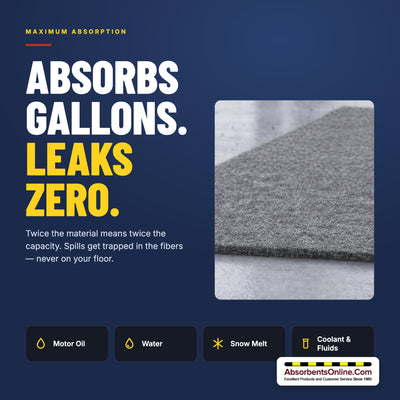 Absorbent mat absorbs gallons of oil, water and snow melt