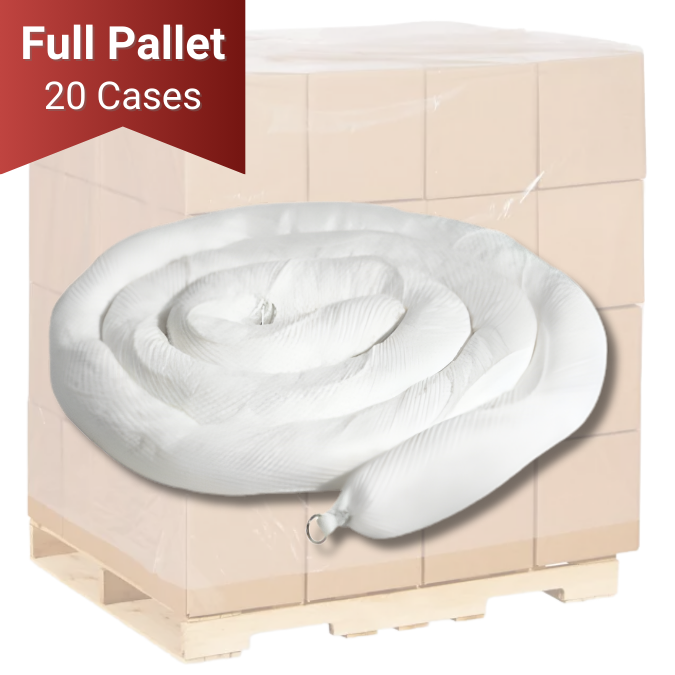 Oil Absorbent Booms, 5 In Dia. x 20 Ft Long, 2 per case, 20 per pallet, white, 30 gal capacity