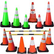 green and orange traffic cones