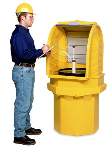 outdoor drum storage for drum spill containment