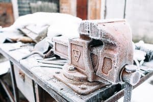 frost on workshop bench vice