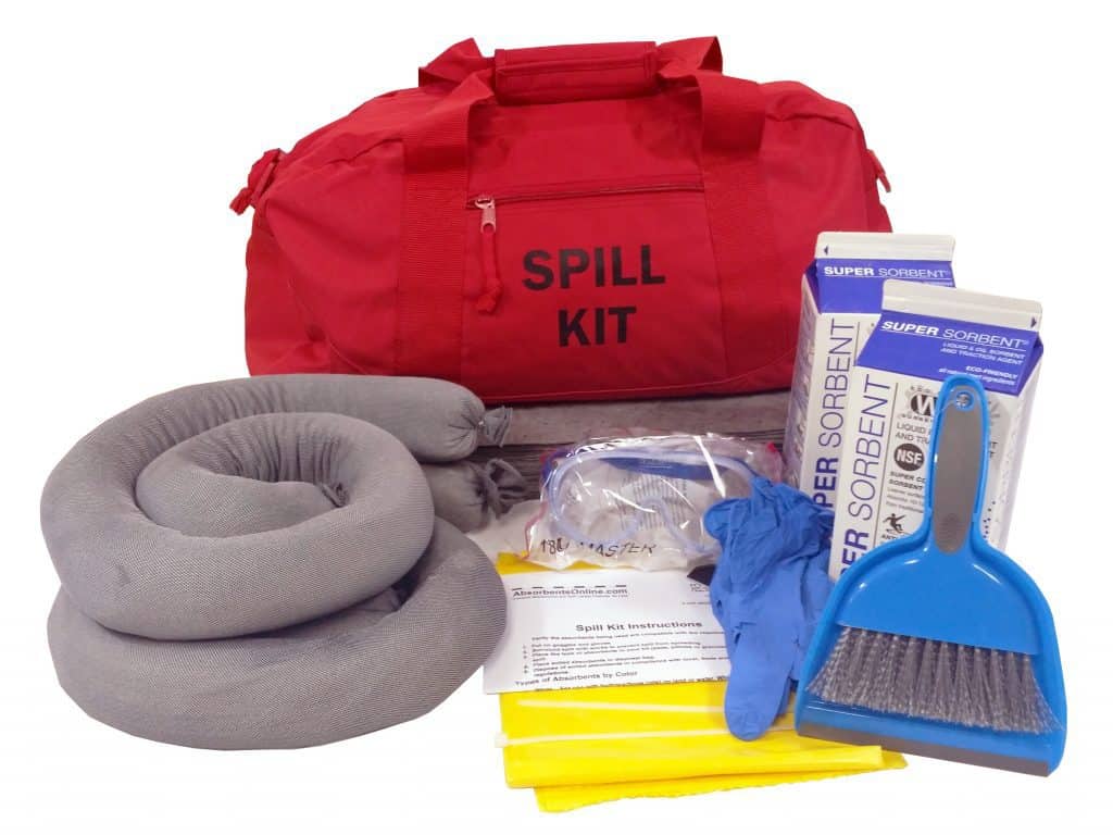 Granular spill kit contents with bright red duffle bag