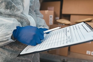 Person holding a clipboard in a warehouse