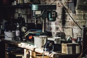 A messy home garage work bench