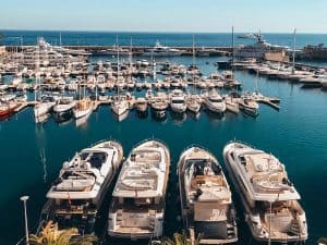 Motor boats moored at a marina