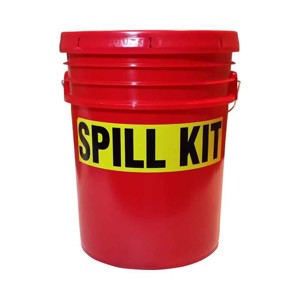 A red 5-gallon spill kit bucket