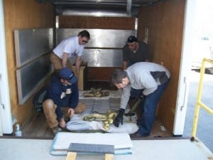 workers inside a loading truck bed